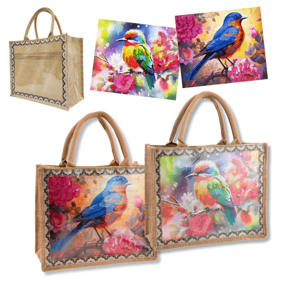 "Birds" Crystal Art Interchangeable Panel Jute Bag