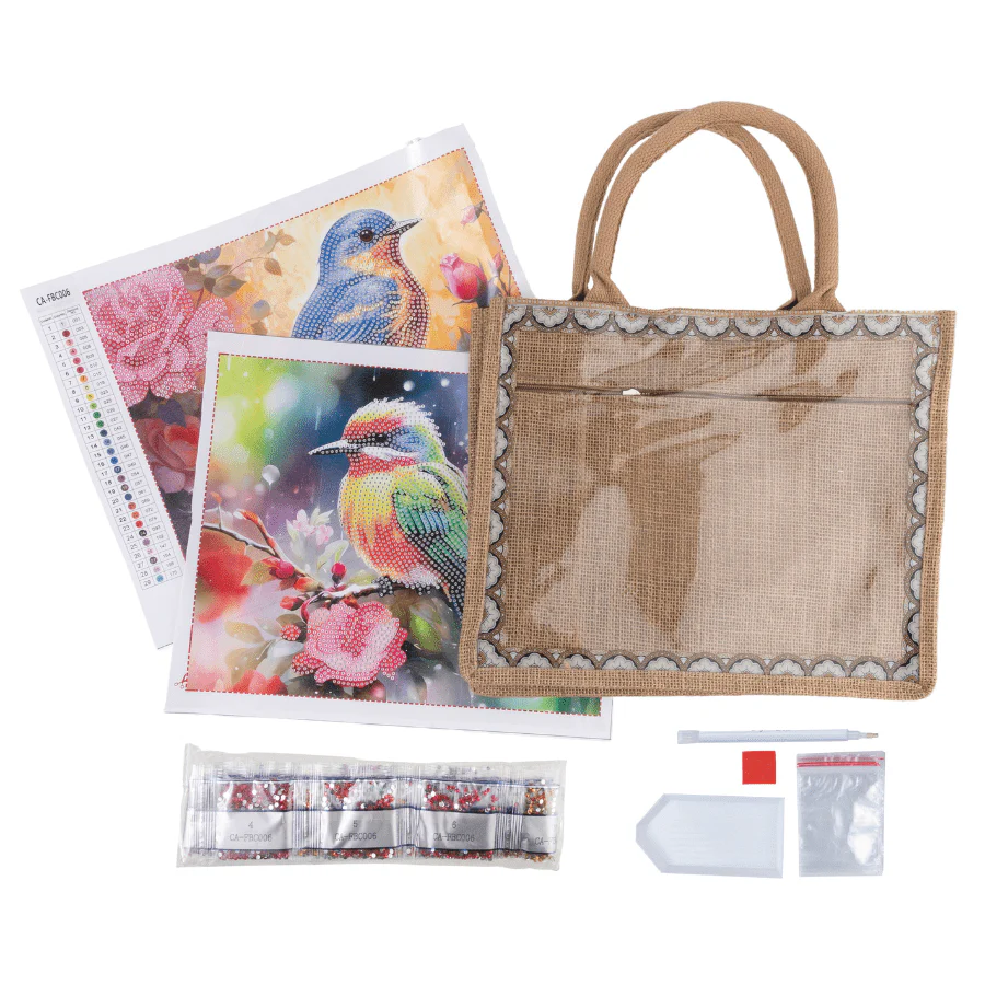 "Birds" Crystal Art Interchangeable Panel Jute Bag - Image 2